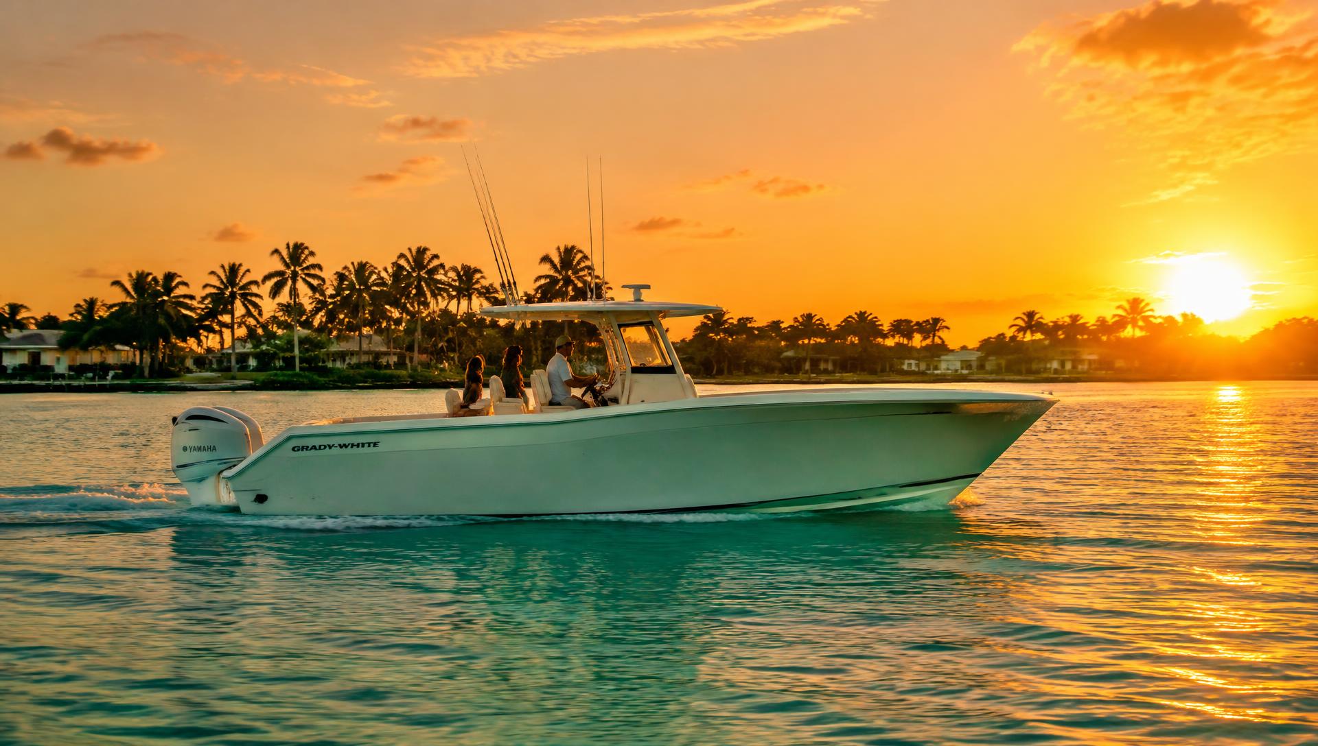 Center-console boat cruising at sunset in South Florida